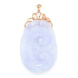 A LAVENDER JADE AND DIAMOND PENDANT in 18ct rose gold, set with an oval plaque of carved lavender