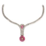 A RUBY AND DIAMOND COLLAR NECKLACE the articulated body set with two rows of rose cut diamonds,