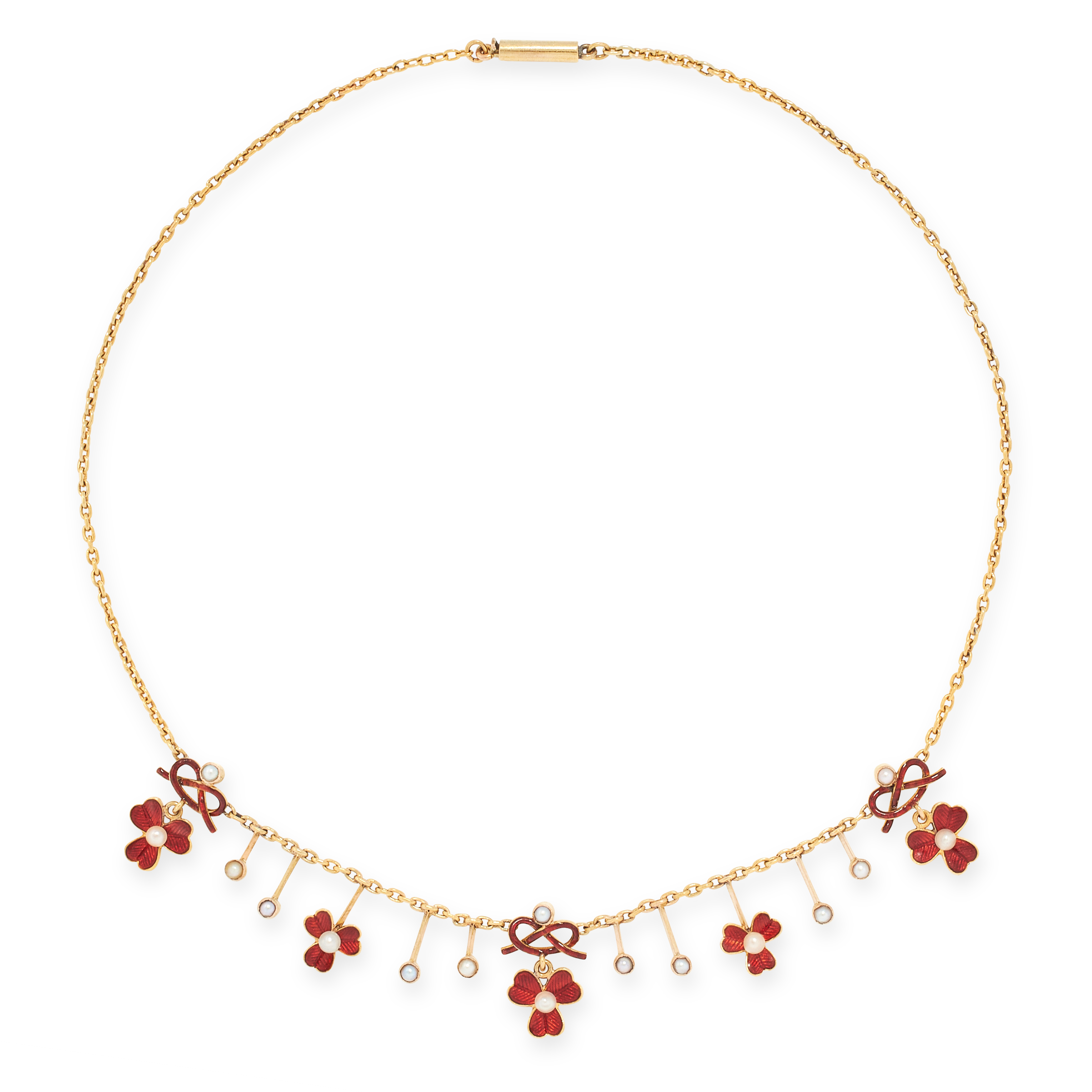 AN ANTIQUE PEARL AND ENAMEL NECKLACE, CIRCA 1900 in yellow gold, the belcher link chain punctuated a