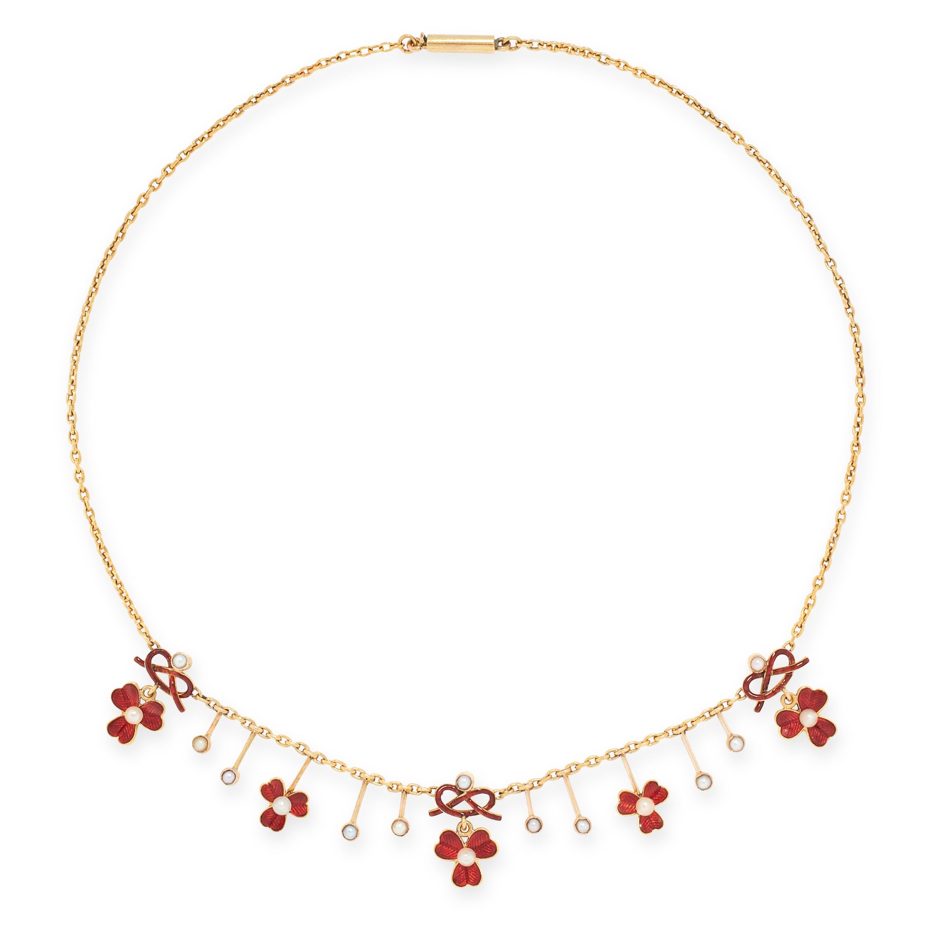 AN ANTIQUE PEARL AND ENAMEL NECKLACE, CIRCA 1900 in yellow gold, the belcher link chain punctuated a