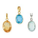 THREE GEMSET PENDANTS comprising of an oval cut aquamarine of 0.88 carats, oval cut citrine of 1.