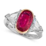 A FINE BURMA NO HEAT RUBY AND DIAMOND RING in platinum and yellow gold, set with an oval cut ruby of