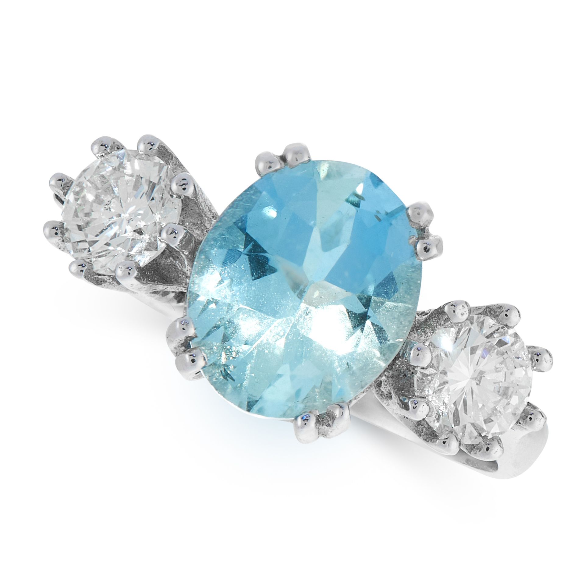 AN AQUAMARINE AND DIAMOND DRESS RING in 18ct white gold, set with an oval cut aquamarine of 2.02