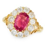 AN ANTIQUE BURMA NO HEAT RUBY AND DIAMOND RING in 18ct yellow gold, set with an oval cut ruby of 1.