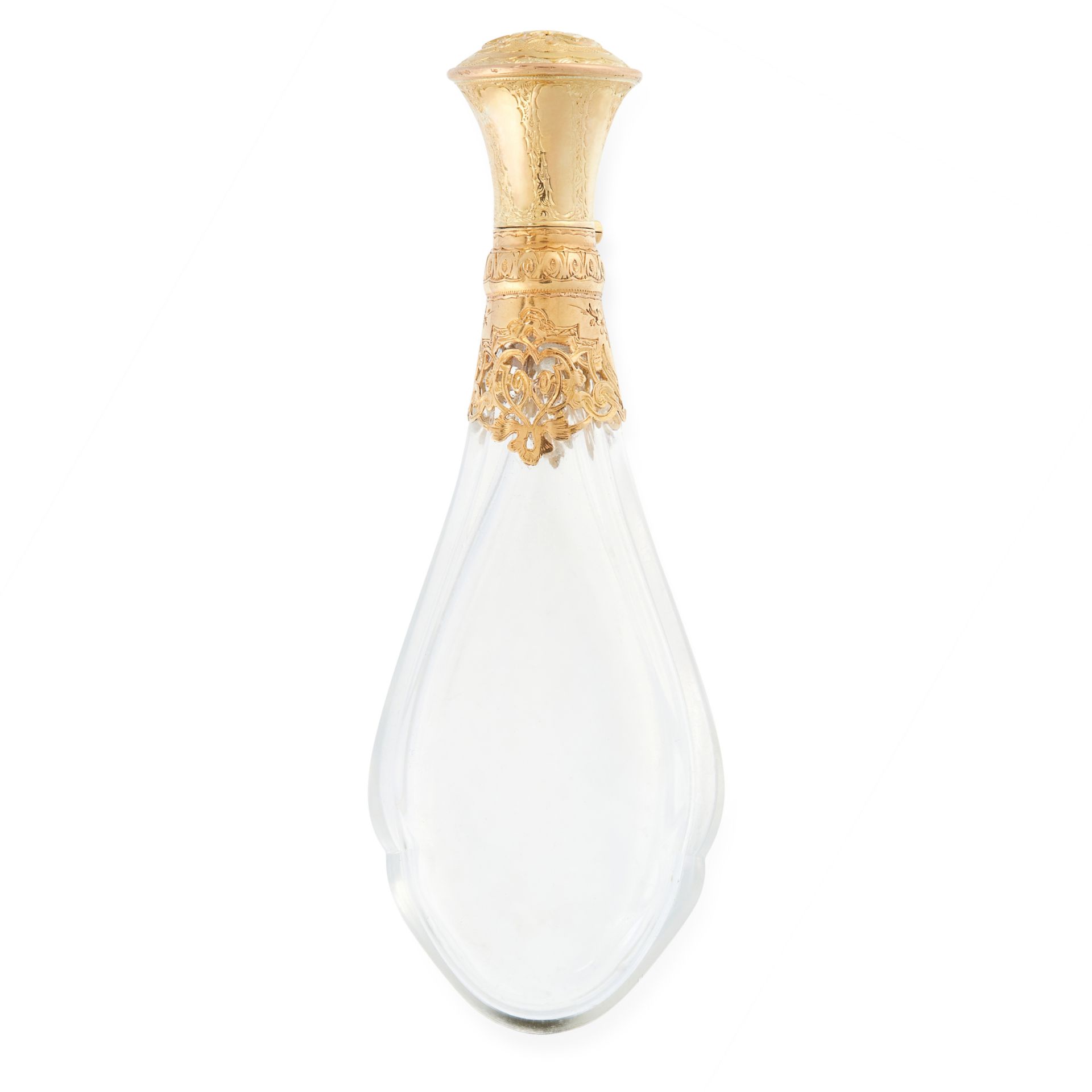 AN ANTIQUE GOLD MOUNTED GLASS SCENT BOTTLE, LATE 19TH CENTURY in 18ct yellow gold, the tapering