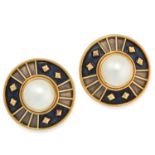 A PAIR OF PEARL AND ENAMEL CLIP EARRINGS, LEO DE VROOMEN 1990 in 18ct yellow gold, of circular