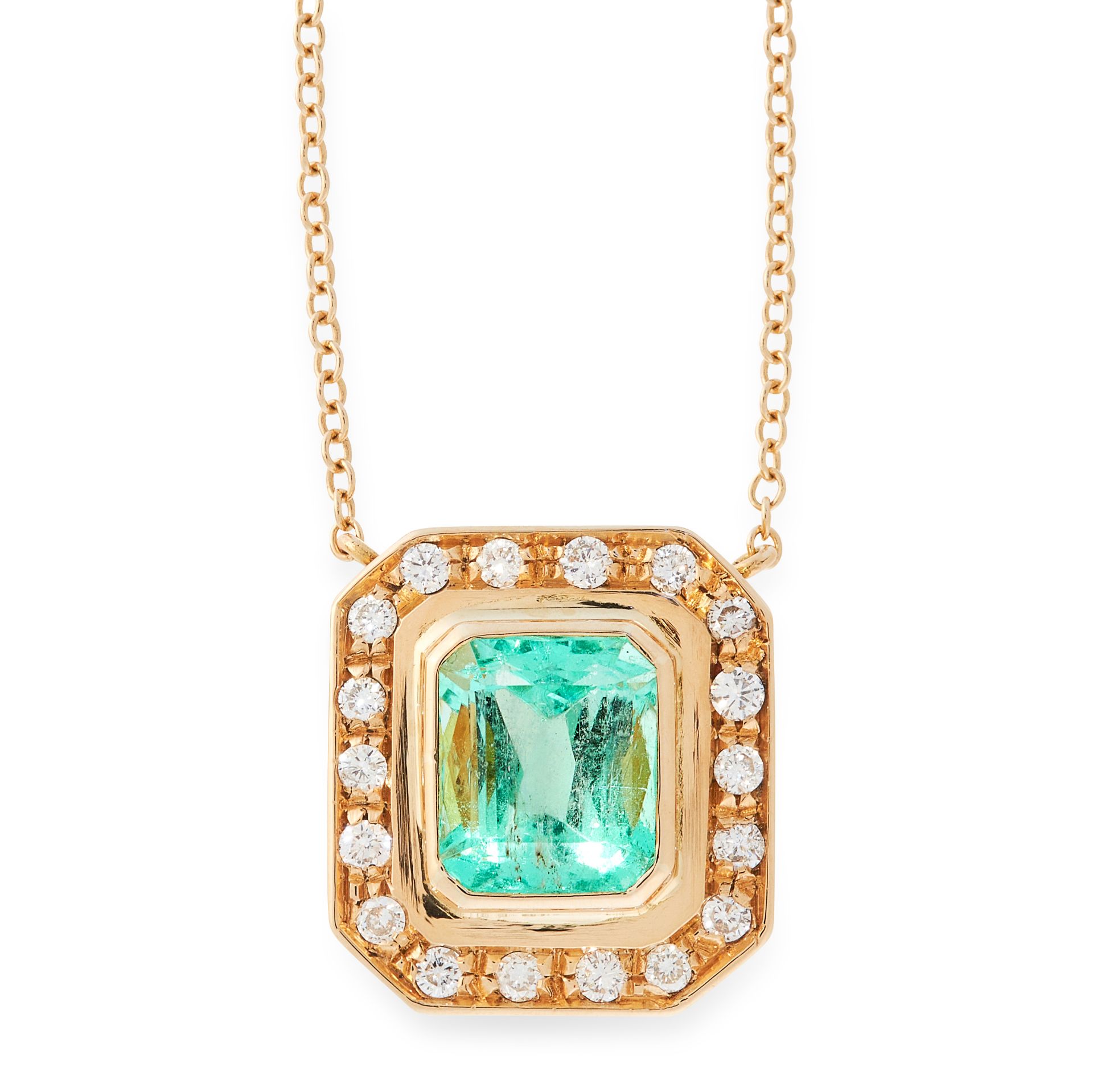 AN EMERALD AND DIAMOND PENDANT NECKLACE in 18ct yellow gold, set with an emerald cut emerald of 3.93
