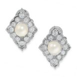 A PAIR OF PEARL AND DIAMOND CLIP EARRINGS in 18ct white gold, each of scalloped diamond shape, set