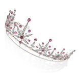 A RUBY, DIAMOND AND PEARL TIARA designed as a series of seven graduated foliate motifs jewelled with