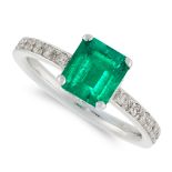 AN EMERALD AND DIAMOND DRESS RING in 18ct white gold, set with an emerald cut emerald of 1.16