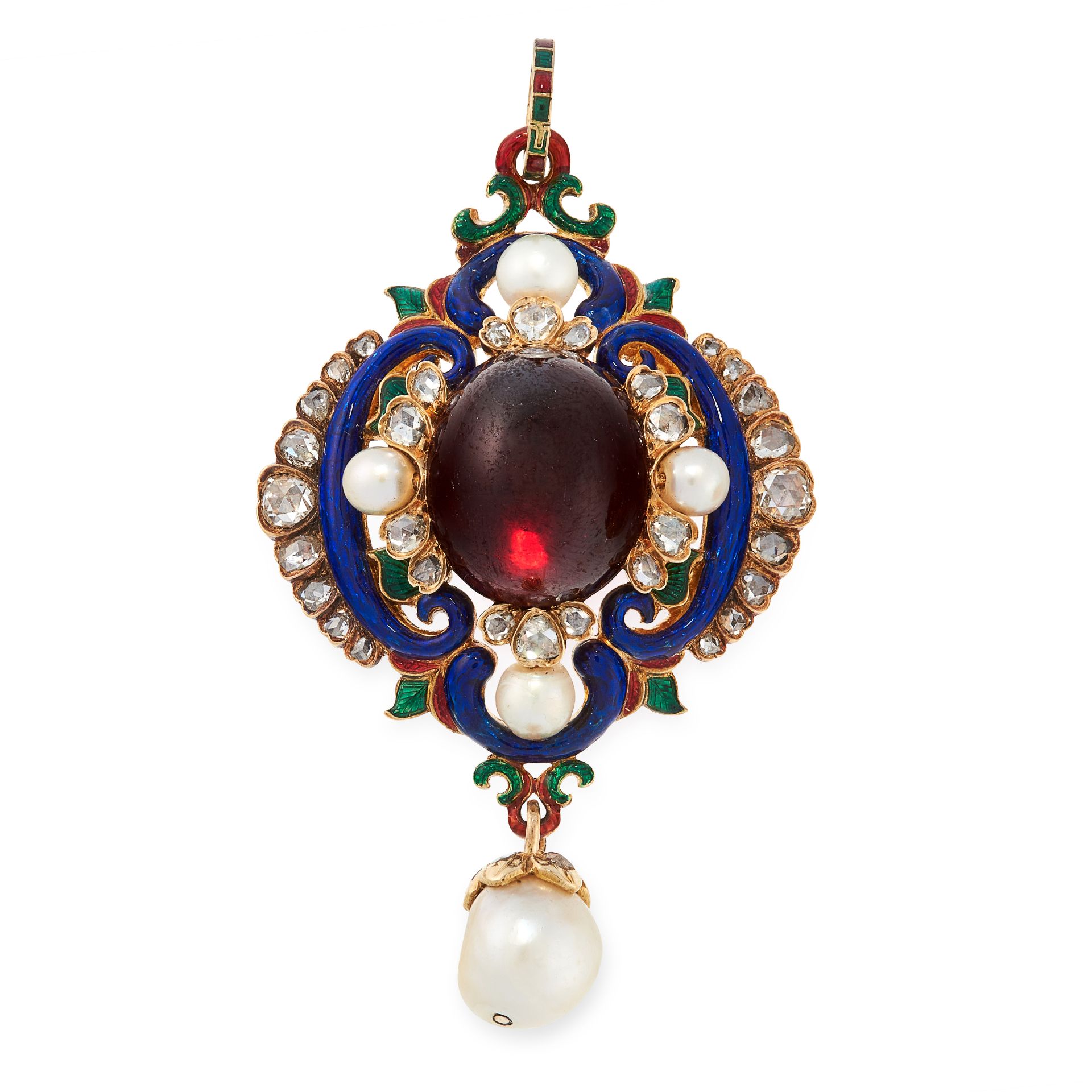 AN ANTIQUE GARNET, PEARL, DIAMOND AND ENAMEL MOURNING LOCKET PENDANT, 19TH CENTURY in high carat