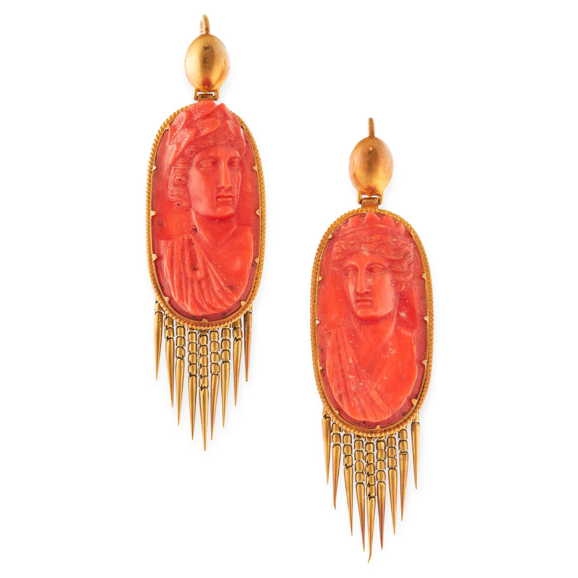 A PAIR OF ANTIQUE CORAL CAMEO TASSEL EARRINGS, 19TH CENTURY in yellow gold, each set with an oval