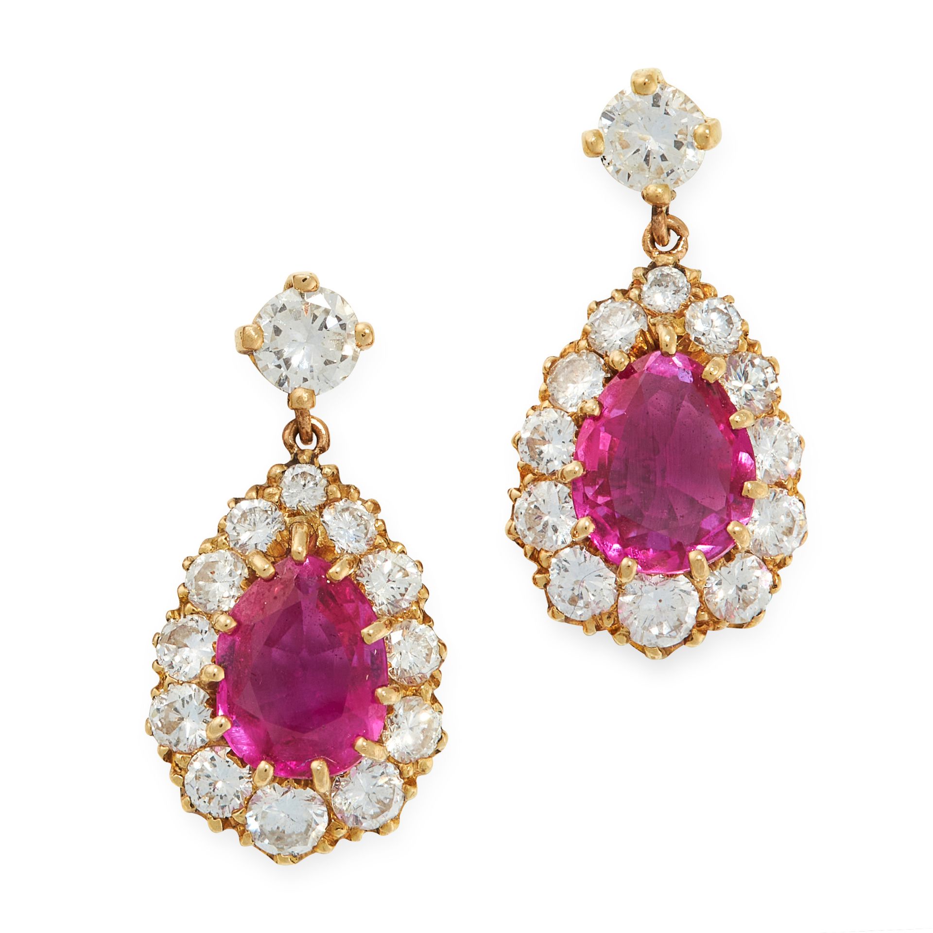 A PAIR OF BURMA NO HEAT RUBY AND DIAMOND EARRINGS in 18ct yellow gold, each set with a pear cut