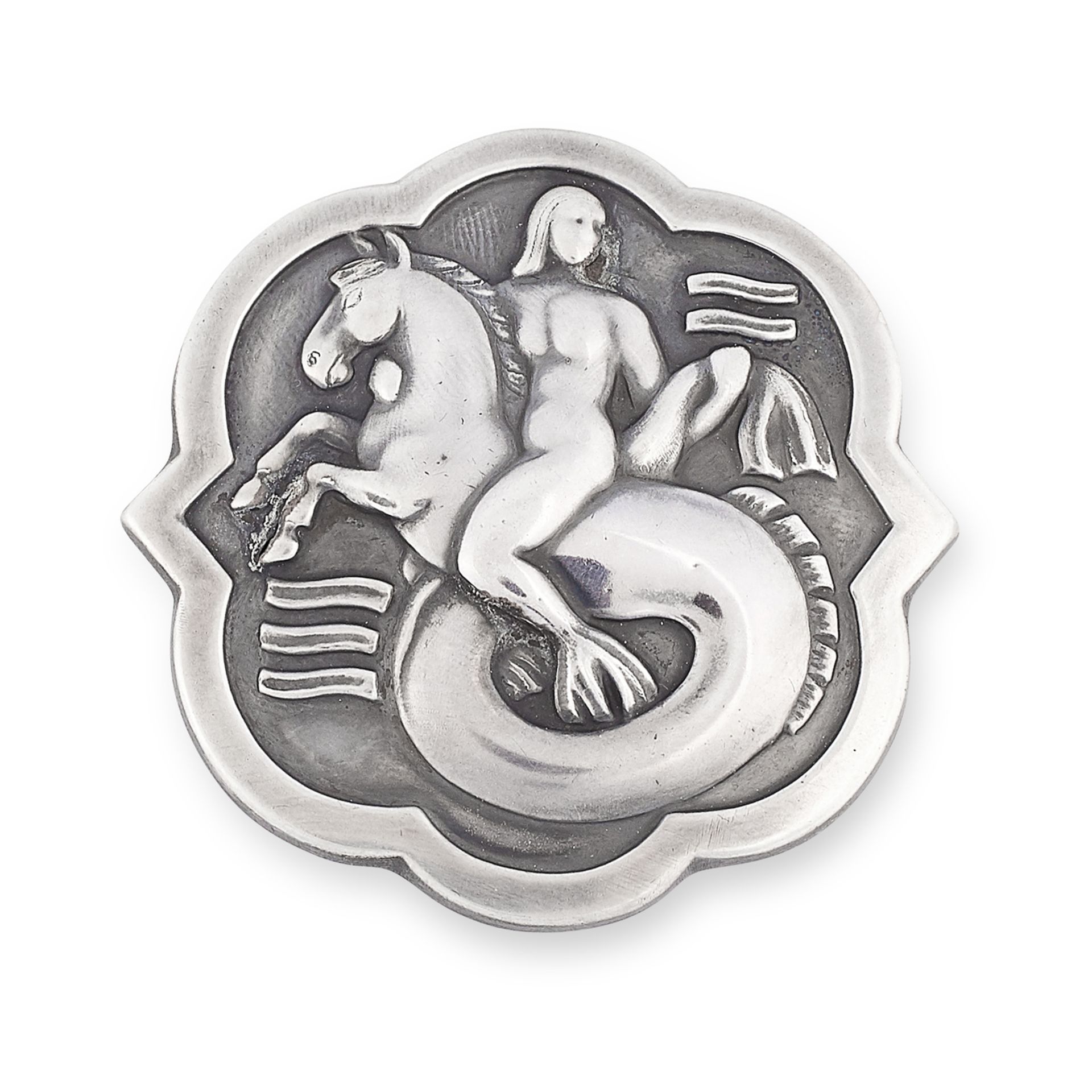 A MYTHICAL MERMAID AND MERHORSE BROOCH, DESIGNED BY ARNO MALINOWSKI FOR GEORG JENSEN CIRCA 1940