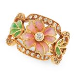AN ENAMEL AND DIAMOND DRESS RING, MASRIERA Y CARRERAS in 18ct yellow gold, designed as a flower