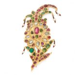 AN ANTIQUE INDIAN RUBY, EMERALD, DIAMOND AND PEARL SARPECH / BROOCH in high carat yellow gold, of