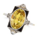 AN ART DECO LEMON QUARTZ, ONYX AND DIAMOND DRESS RING, EARLY 20TH CENTURY in yellow gold, set with