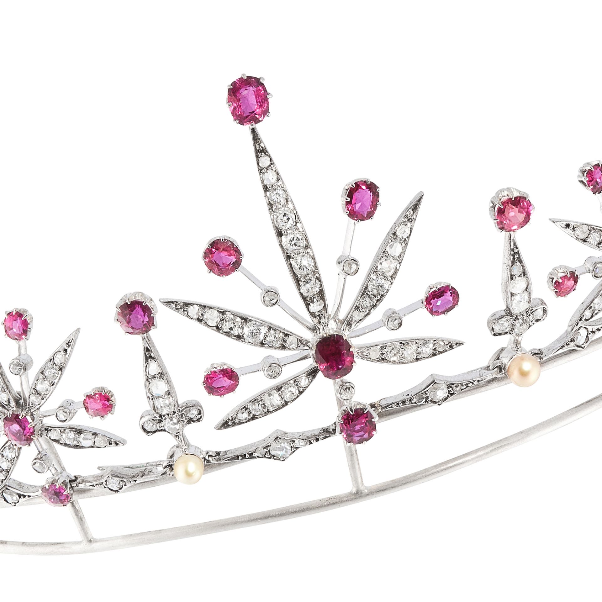 A RUBY, DIAMOND AND PEARL TIARA designed as a series of seven graduated foliate motifs jewelled with - Bild 2 aus 3