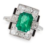 AN ART DECO EMERALD, DIAMOND AND ONYX DRESS RING set with an emerald cut emerald 1.75 carats
