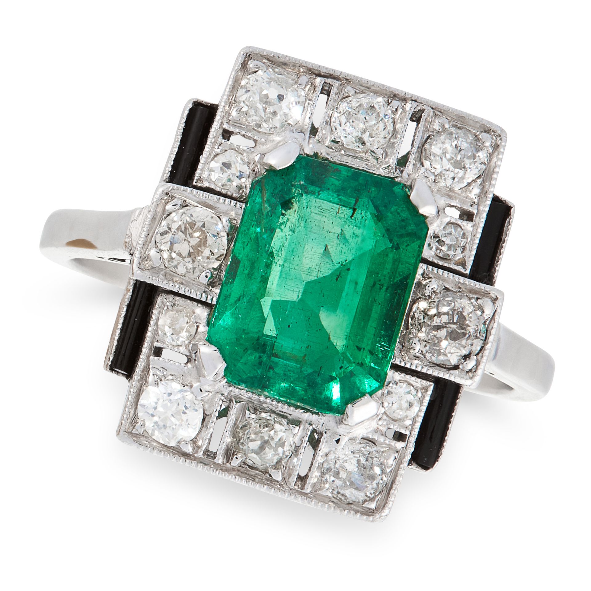 AN ART DECO EMERALD, DIAMOND AND ONYX DRESS RING set with an emerald cut emerald 1.75 carats