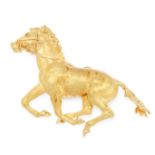 A VINTAGE DIAMOND HORSE BROOCH in 18ct yellow gold, designed to depict a horse galloping with a