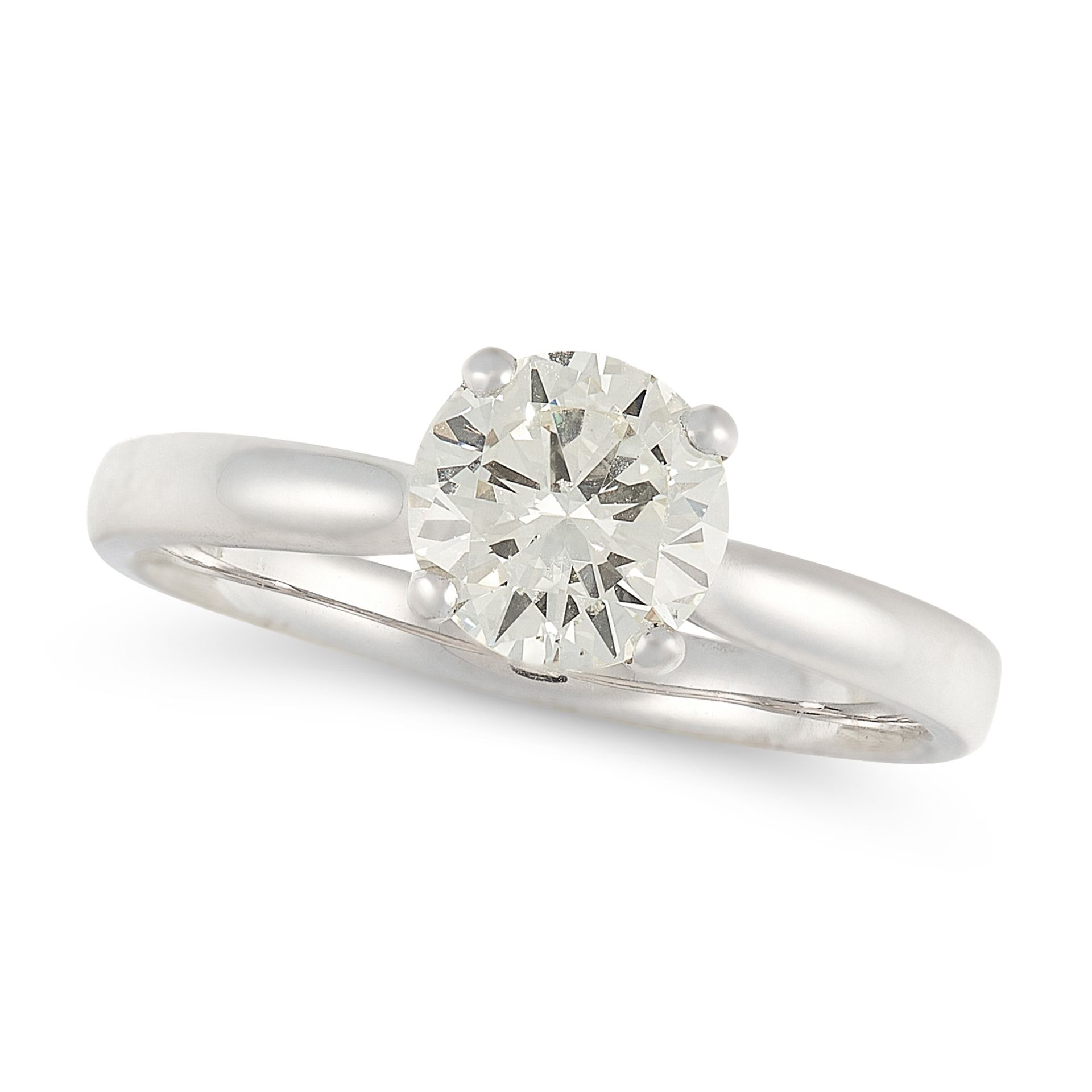 A SOLITAIRE DIAMOND ENGAGEMENT RING in 18ct white gold, set with a round cut diamond of 1.02 carats,