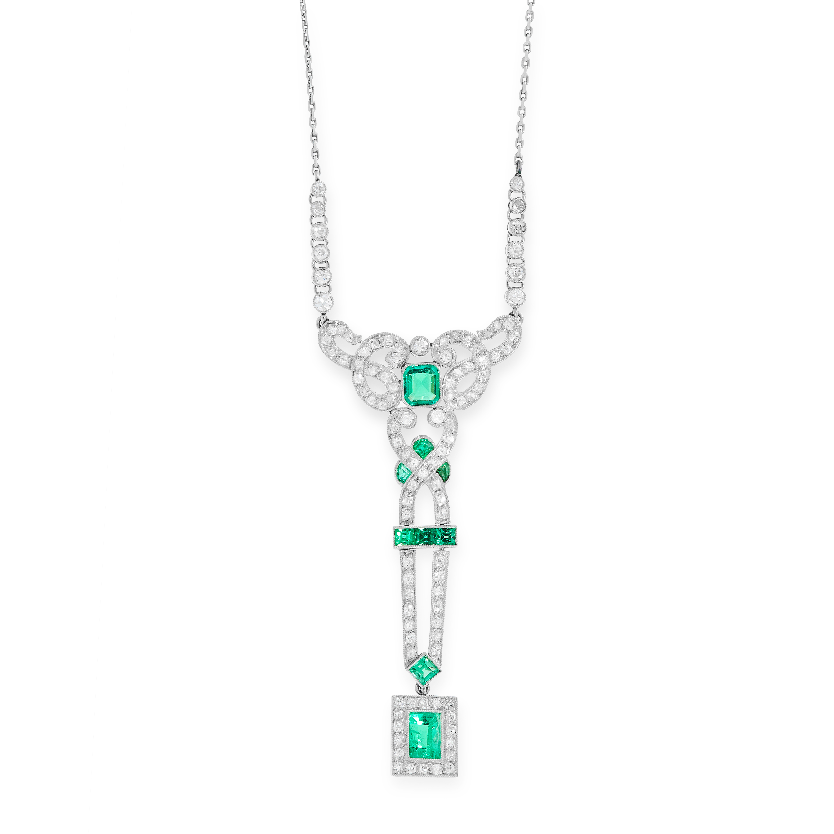 A COLOMBIAN EMERALD AND DIAMOND PENDANT NECKLACE the body formed of a series of scrolling motifs set