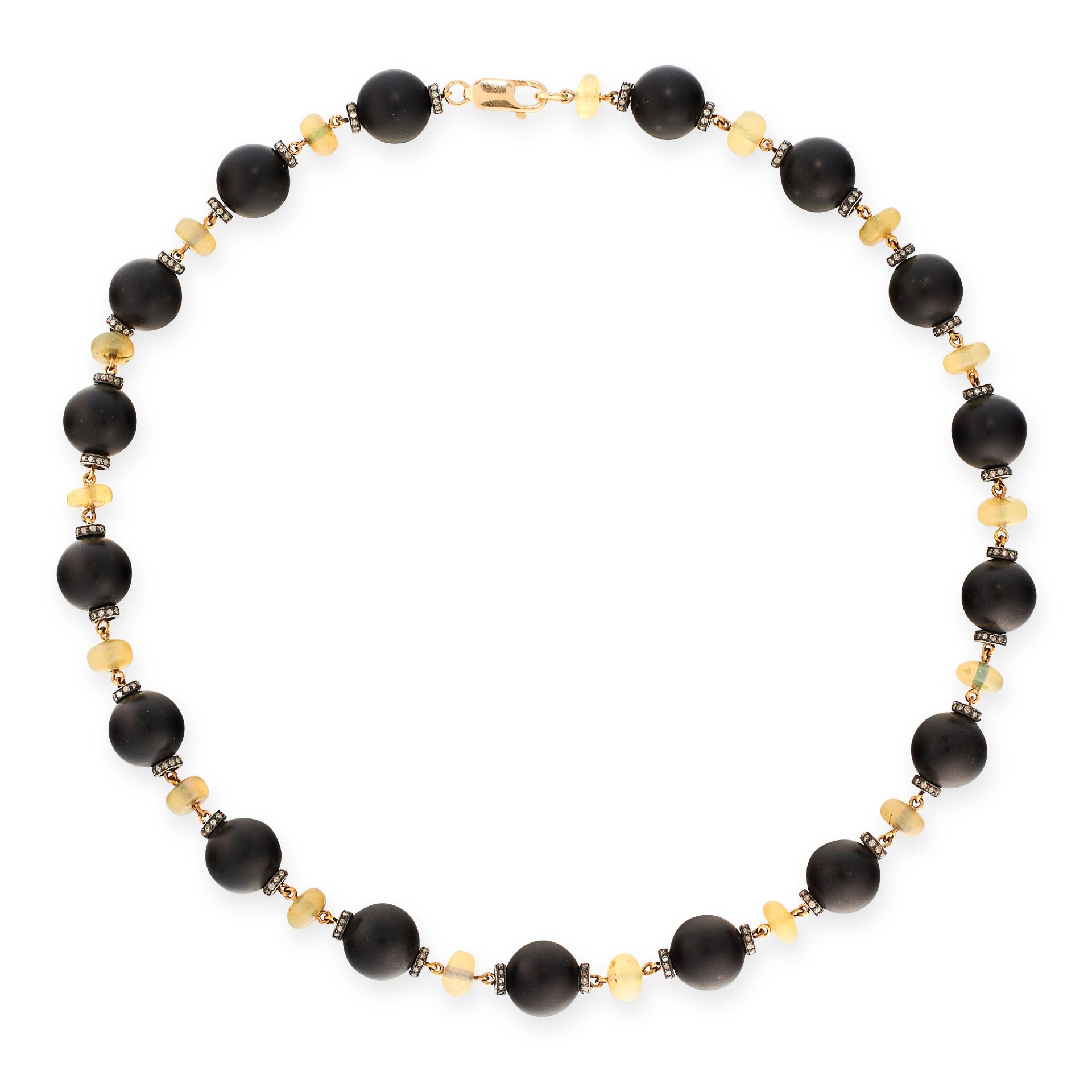 AN ONYX, OPAL AND DIAMOND NECKLACE in 18ct yellow gold, comprising a single row of seventeen