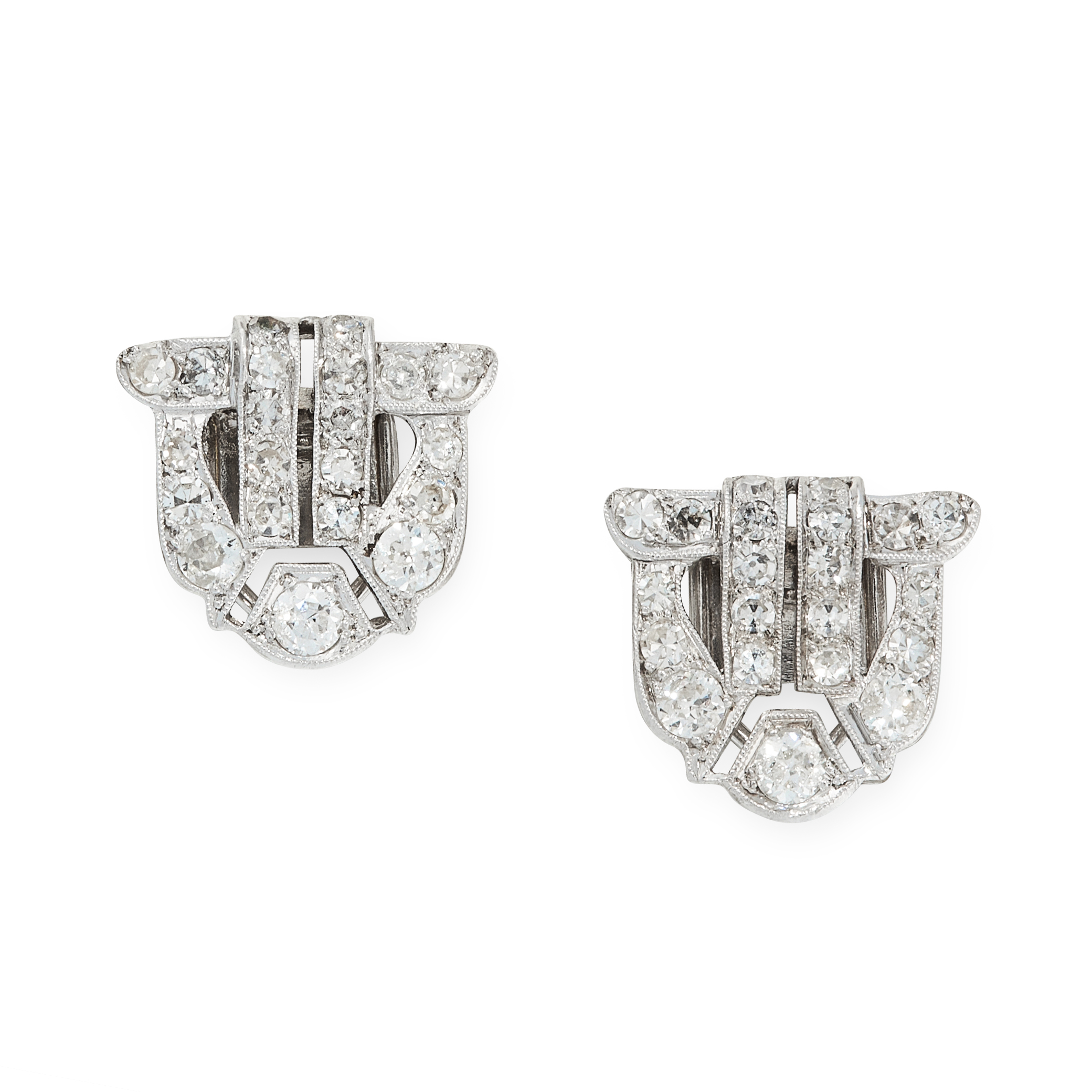 A PAIR OF VINTAGE DIAMOND CLIP BROOCHES of shield design, set with round cut and single cut diamonds