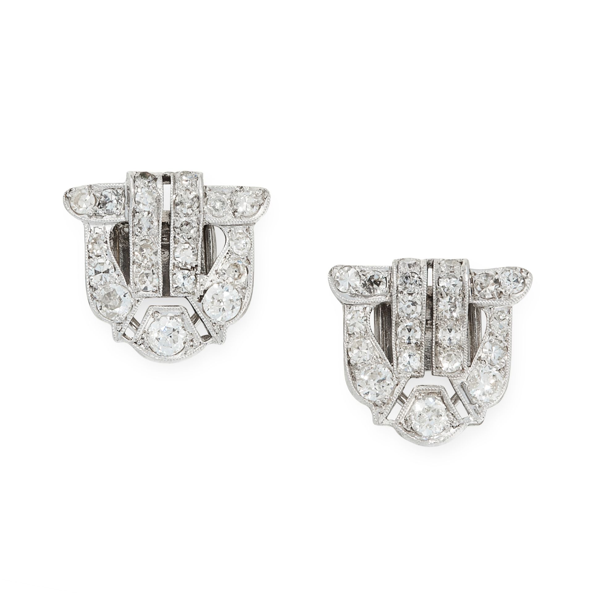 A PAIR OF VINTAGE DIAMOND CLIP BROOCHES of shield design, set with round cut and single cut diamonds