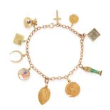 A VINTAGE CHARM BRACELET in 14ct and 9ct yellow gold, formed of a belcher link chain suspending