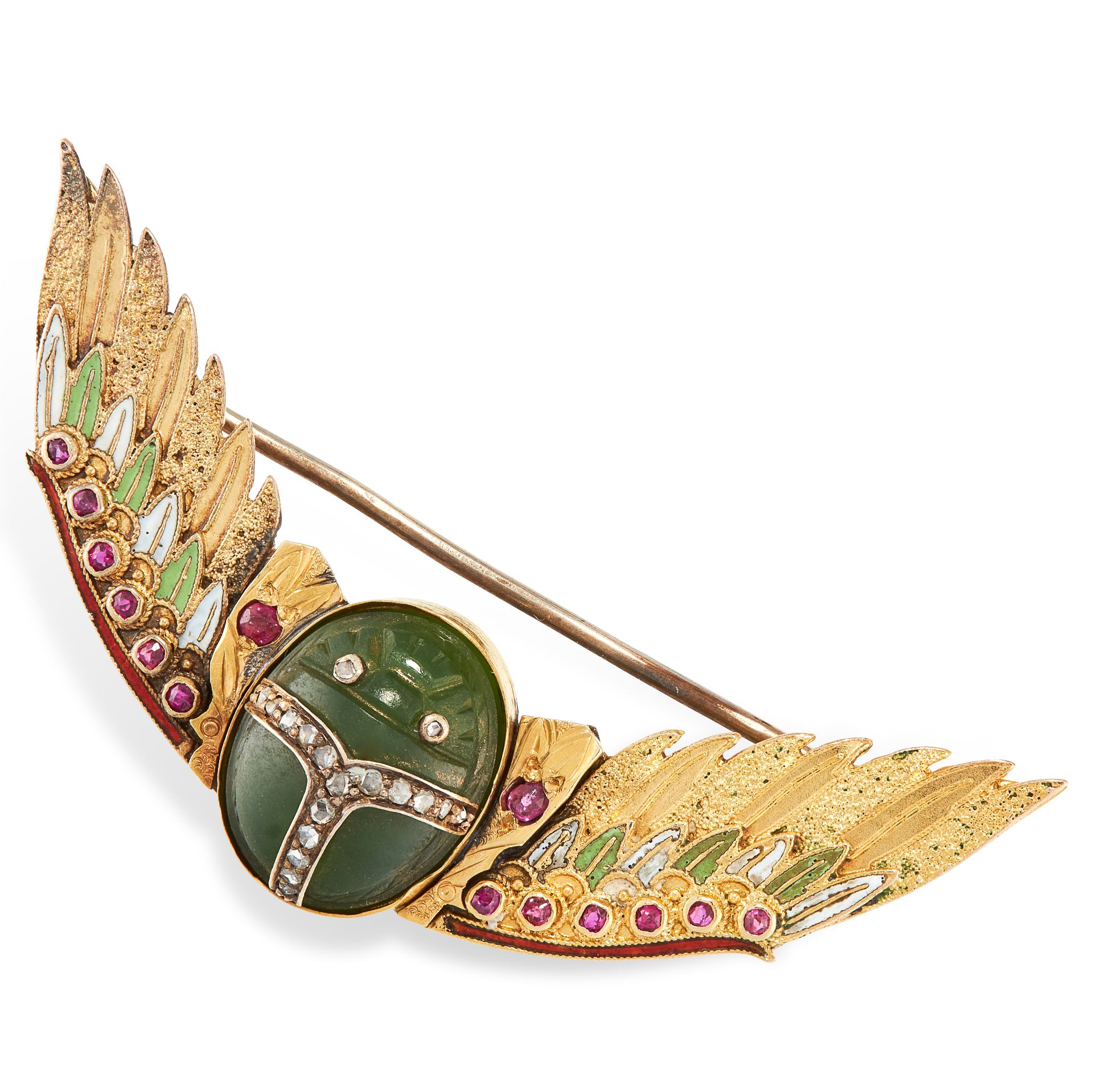 AN ANTIQUE NEPHRITE, RUBY, DIAMOND AND ENAMEL EGYPTIAN REVIVAL BROOCH, CARL BACHER, CIRCA 1900