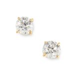 A PAIR OF SOLITAIRE DIAMOND STUD EARRINGS in 18ct yellow gold, each set with a single round cut