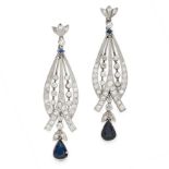 A PAIR OF SAPPHIRE AND DIAMOND EARRINGS in 18ct white gold, the tapering bodies set with round and