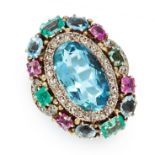 AN AQUAMARINE, RUBY, EMERALD AND DIAMOND DRESS RING set with an oval cut aquamarine of 5.22 carats