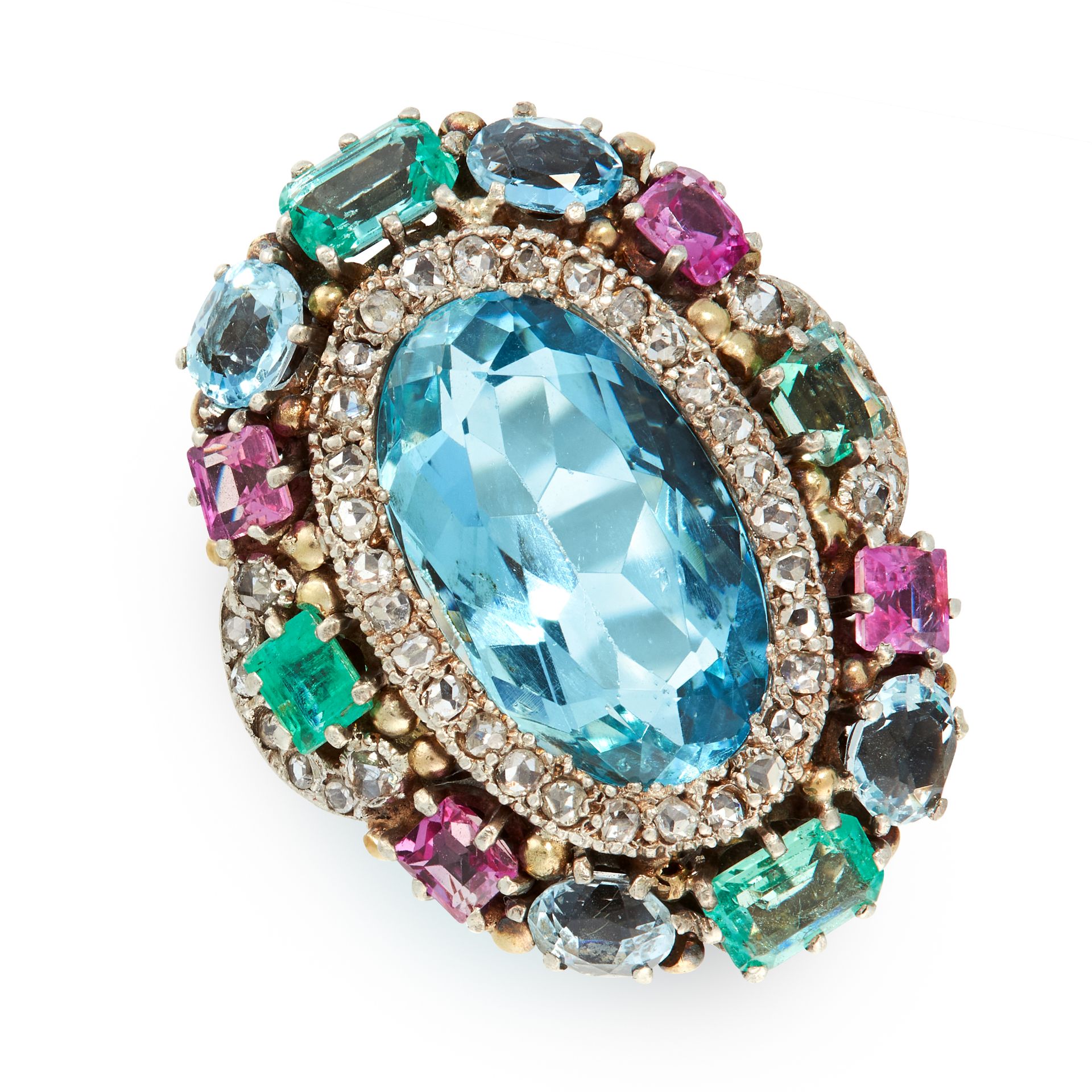 AN AQUAMARINE, RUBY, EMERALD AND DIAMOND DRESS RING set with an oval cut aquamarine of 5.22 carats