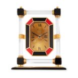 A VINTAGE MANTLE CLOCK, HOUR LAVIGNE PARIS the octagonal face decorated in red and black,