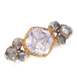 AN ANTIQUE AMETHYST AND DIAMOND RING, EARLY 19TH CENTURY in yellow gold, set with a central