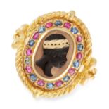 AN ANTIQUE RUBY, SAPPHIRE AND HARDSTONE BLACKAMOOR CAMEO RING in high carat yellow gold, set with an