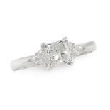 A DIAMOND ENGAGEMENT RING in 18ct white gold, set with a central princess cut diamond of 0.78 carats