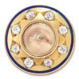 AN ANTIQUE PORTRAIT MINIATURE, DIAMOND AND ENAMEL MOURNING LOCKET RING, 19TH CENTURY in high carat