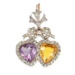 AN ANTIQUE AMETHYST, CITRINE AND DIAMOND SWEETHEART PENDANT, 19TH CENTURY in high carat yellow