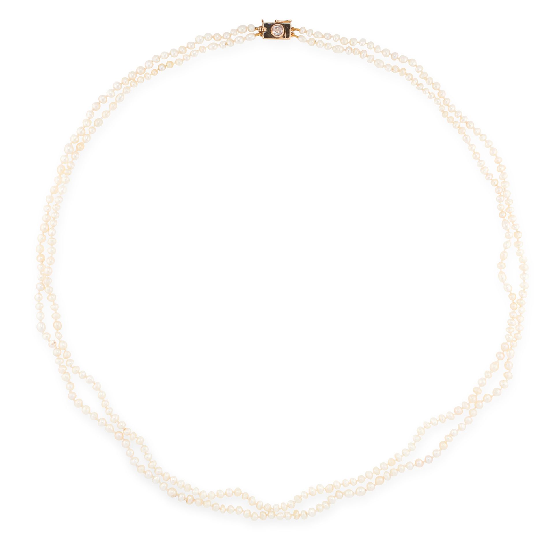A TWO ROW NATURAL PEARL AND DIAMOND NECKLACE in yellow gold, comprising of two rows of natural