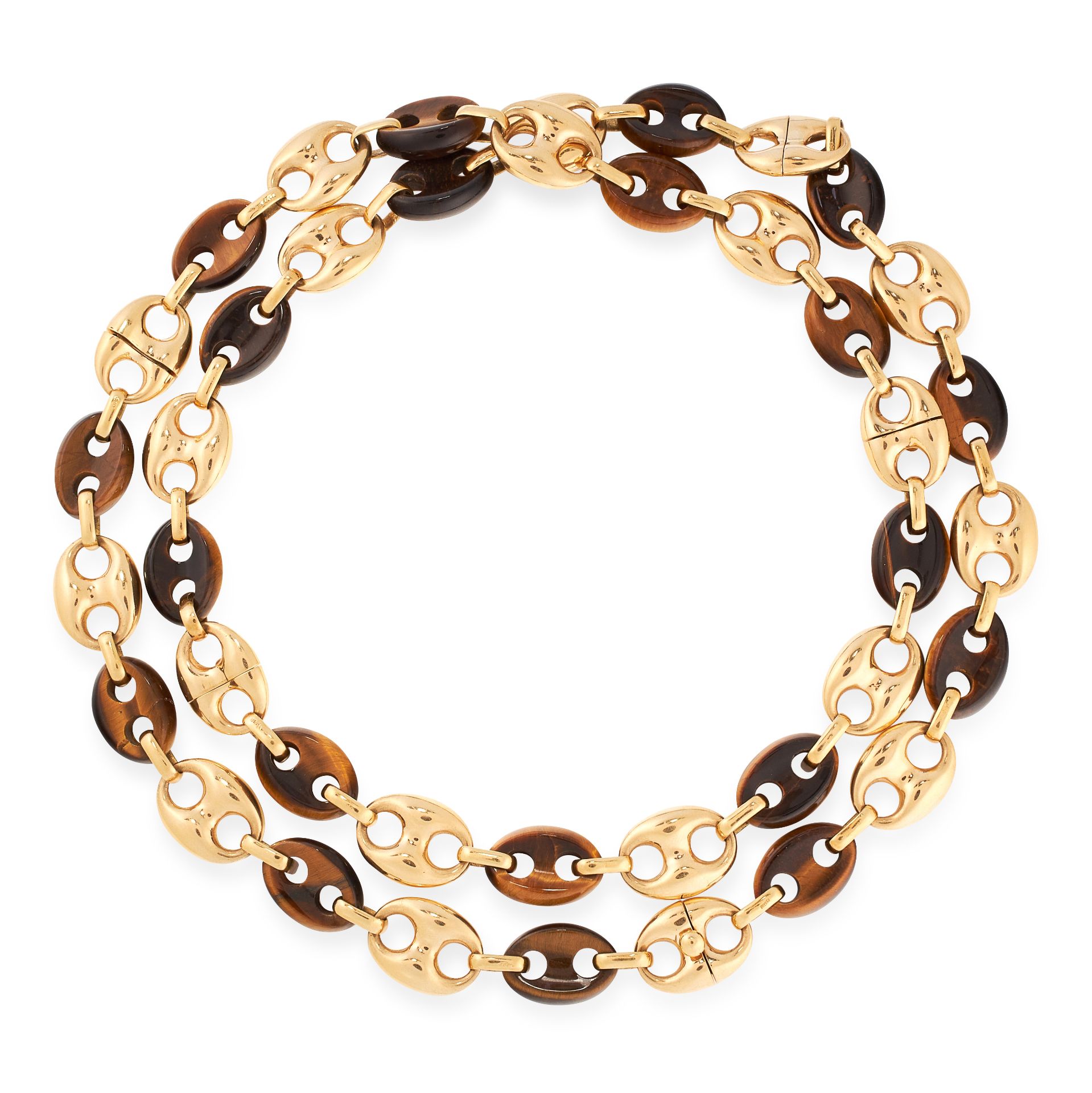 A VINTAGE TIGER'S EYE FANCY LINK SAUTOIR NECKLACE in 18ct yellow gold, the long chain necklace