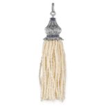 A PEARL, DIAMOND AND SAPPHIRE TASSEL PENDANT in platinum, in Art Deco design, the pendant is set