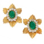 A PAIR OF VINTAGE EMERALD AND DIAMOND CLIP EARRINGS in high carat yellow gold, each set with an oval