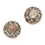 A PAIR OF ANTIQUE DIAMOND EARRINGS in yellow gold and silver, each designed as a circular cluster of