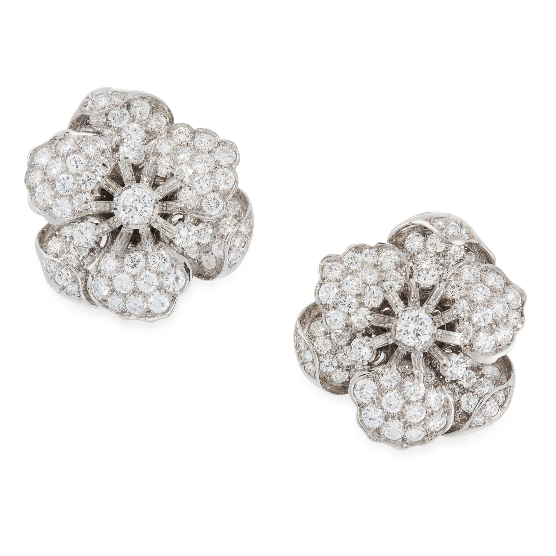 A PAIR OF DIAMOND CLIP EARRINGS, TIFFANY & CO in platinum, each designed as a flower, set with round