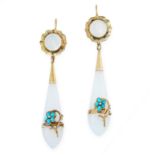 A PAIR OF ANTIQUE TURQUOISE AND CHALCEDONY EARRINGS, 19TH CENTURY in yellow gold, the articulated