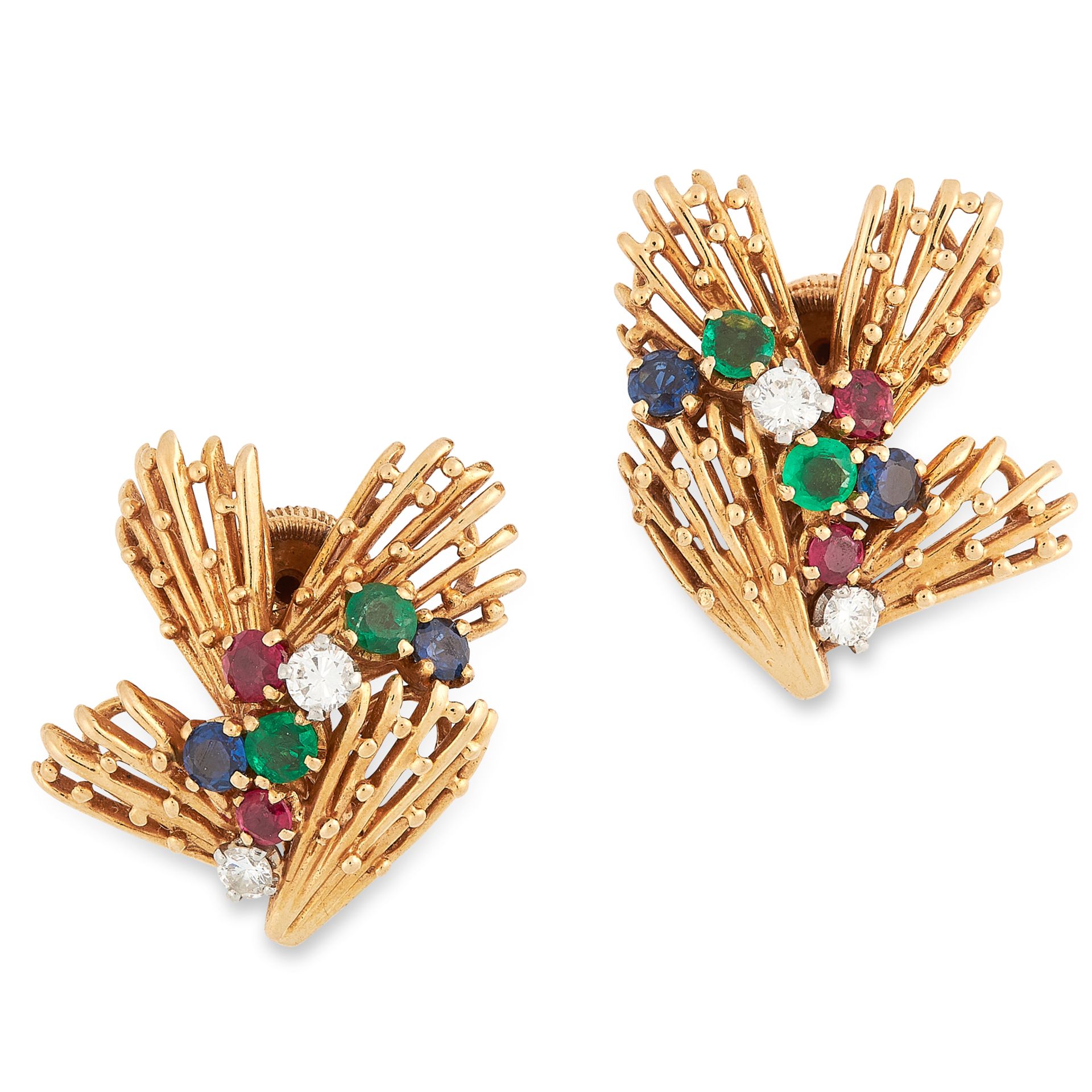 A PAIR OF VINTAGE RUBY, EMERALD, SAPPHIRE AND DIAMOND CLIP EARRINGS, CARTIER in 18ct yellow gold,